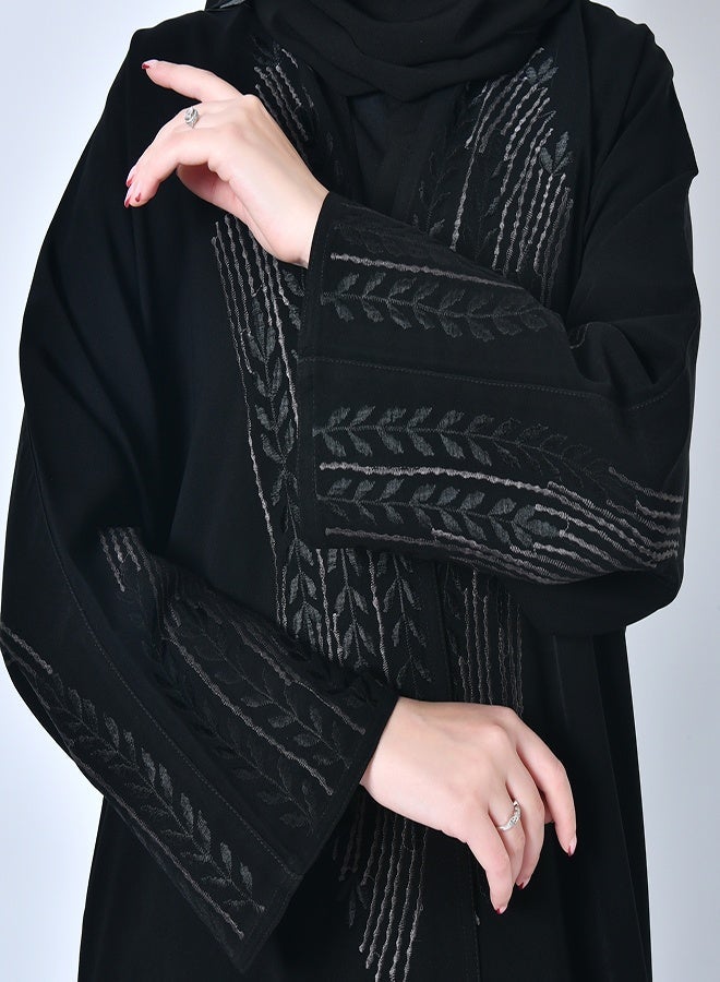 HAWRAA ABAYA Black wrap abaya with embroidery on both sides of the abaya and sleeves in black and dark grey - Image 3